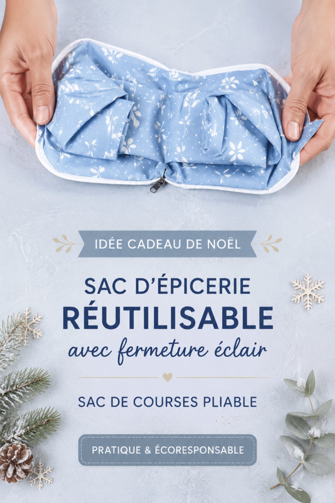 Un sac de courses pliable avec fermeture éclair, en tissu coloré, sur un fond de table festive.