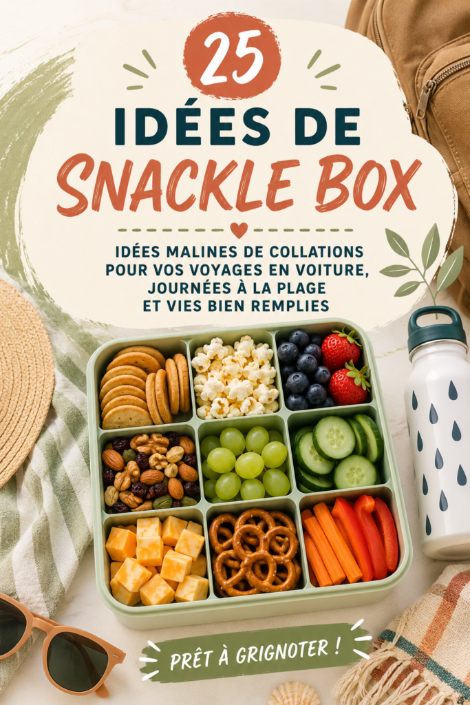 Boîte à snacks colorée avec une variété d'aliments pour une sortie réussie.