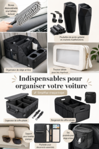 Accessoires de rangement pour voiture, comprenant des organizers et des sacs pratiques.