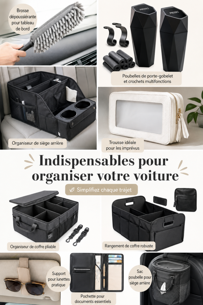 Accessoires de rangement pour voiture, comprenant des organizers et des sacs pratiques.