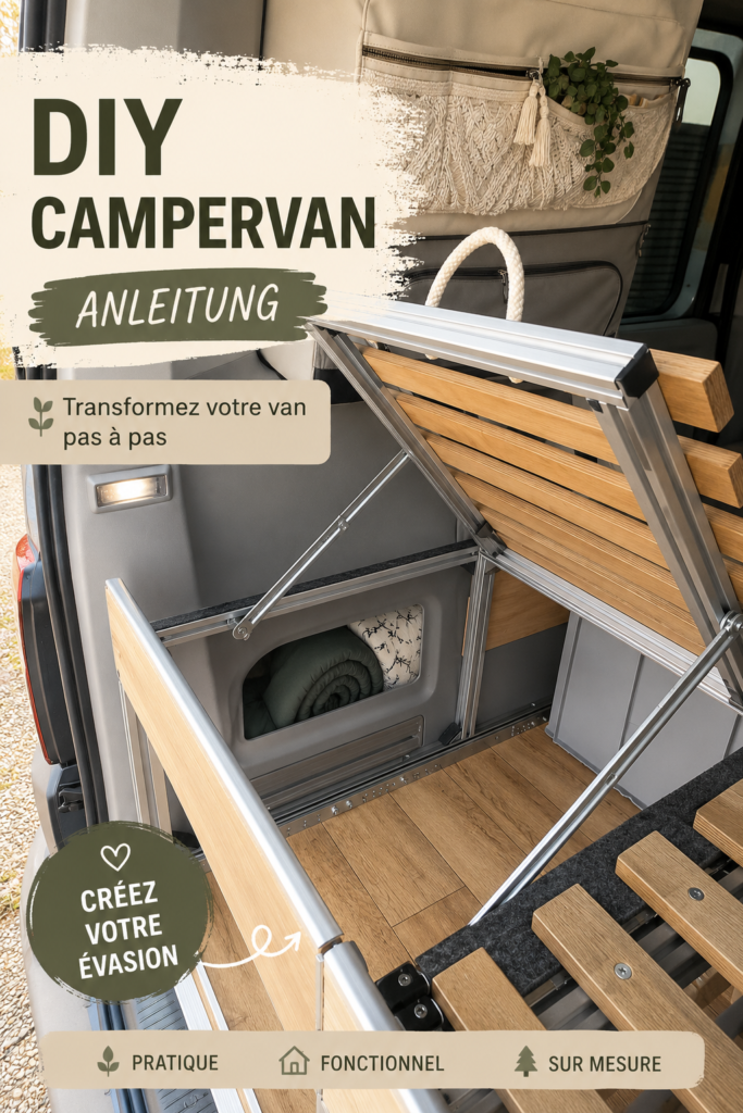 Un lit en bois sur mesure dans un van aménagé, offrant confort et fonctionnalité.