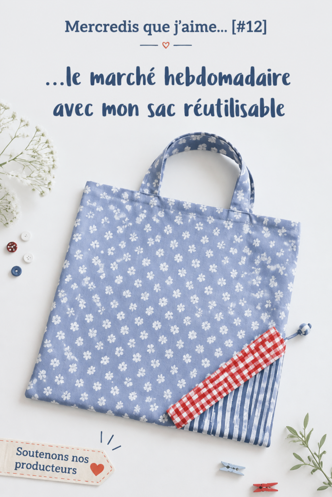 Une femme souriante faisant ses courses au marché, avec un grand sac réutilisable rempli de produits frais.