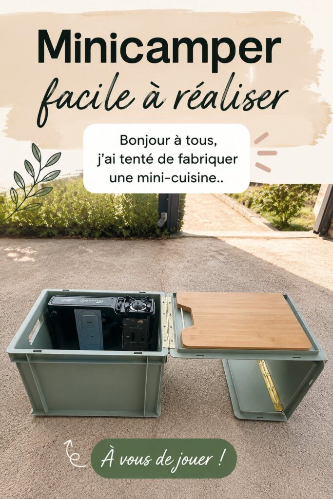 Mini cuisine de camping avec ustensiles et ingrédients sur une table en extérieur