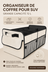 Organisateur de coffre de voiture beige et multicolore pour une voiture bien rangée