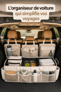 Organisateur de voiture pratique en plein voyage familial, optimisant l'espace
