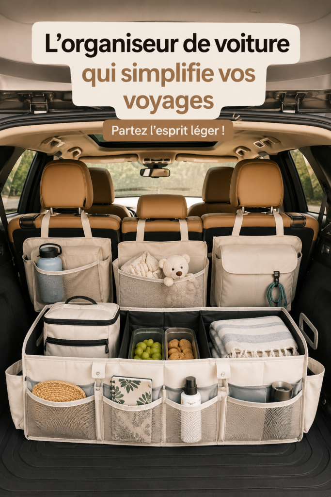 Organisateur de voiture pratique en plein voyage familial, optimisant l'espace