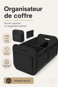 Illustration d'un coffre de voiture organisé avec des accessoires pratiques pour le rangement