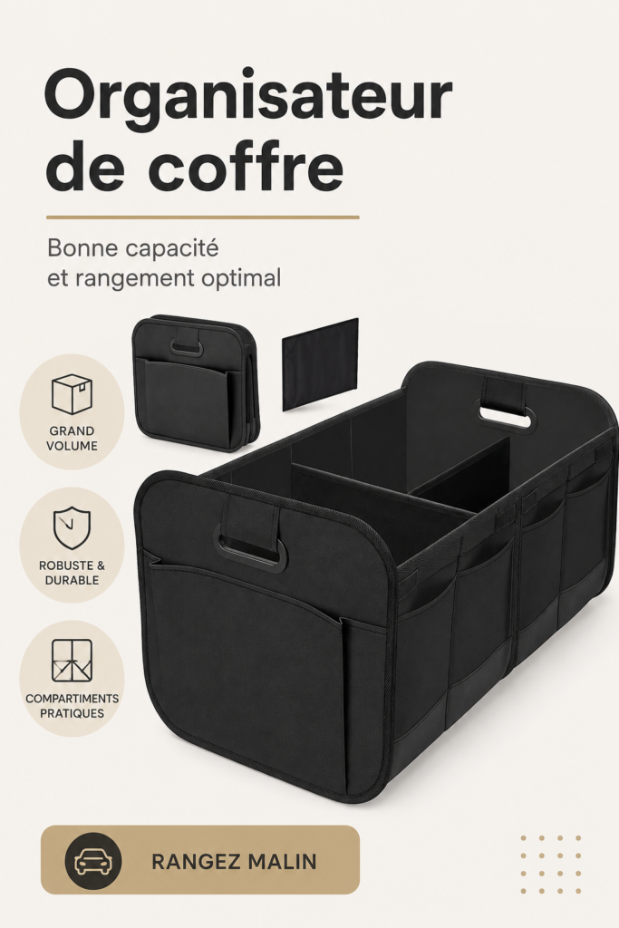 Illustration d'un coffre de voiture organisé avec des accessoires pratiques pour le rangement