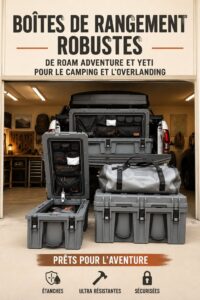 Solutions de rangement Roam et Yeti pour le camping, montrant des accessoires pratiques dans un environnement outdoor.