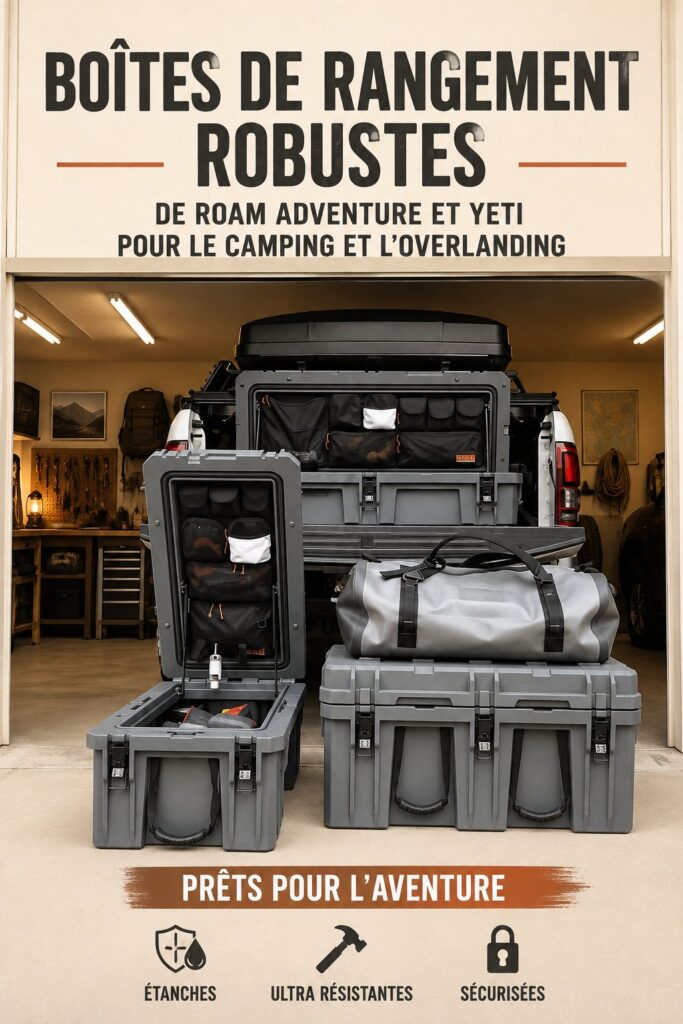 Solutions de rangement Roam et Yeti pour le camping, montrant des accessoires pratiques dans un environnement outdoor.