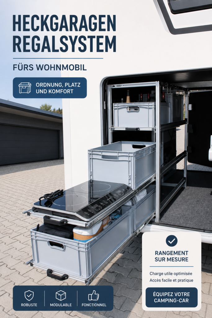 Système de rangement organisé à l'intérieur d'un camping-car, mettant en avant l'efficacité et le style.