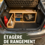 Rangement organisé d'outils dans une voiture, avec des étagères et des pochettes.
