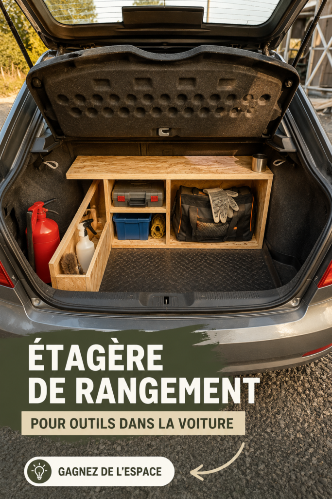 Rangement organisé d'outils dans une voiture, avec des étagères et des pochettes.
