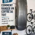 Un garage bien organisé avec un porte-vélos de toit rangé sur un support mural.