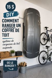 Un garage bien organisé avec un porte-vélos de toit rangé sur un support mural.