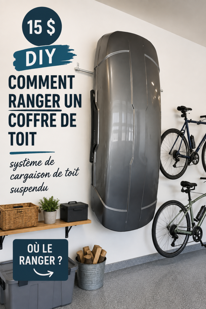 Un garage bien organisé avec un porte-vélos de toit rangé sur un support mural.