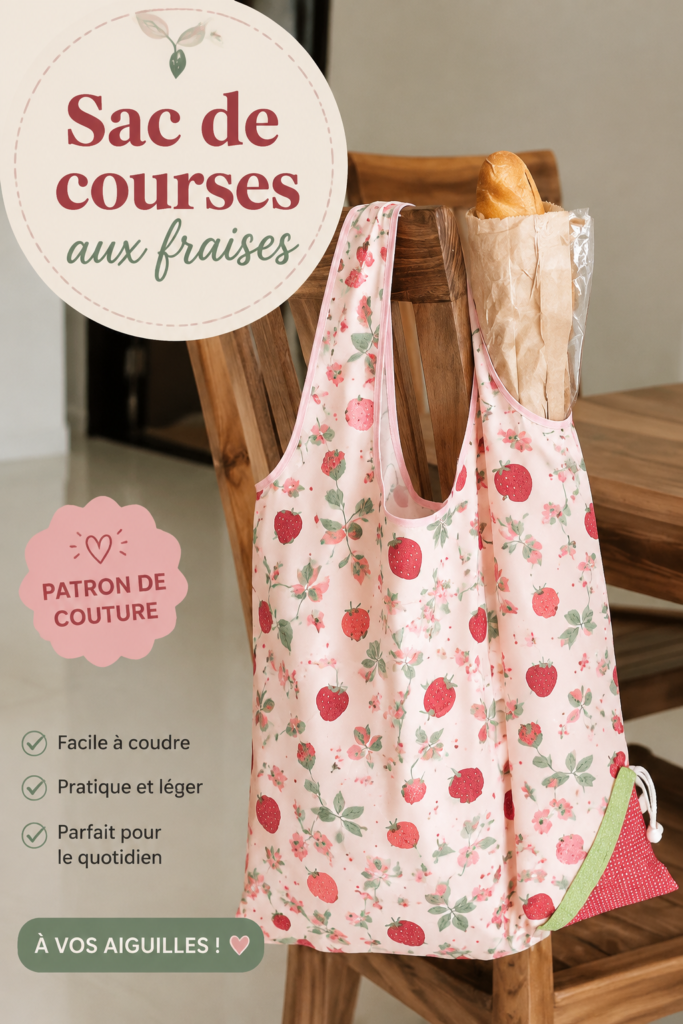 Sac à provisions en tissu aux motifs de fraises, prêt à être utilisé pour faire des courses.