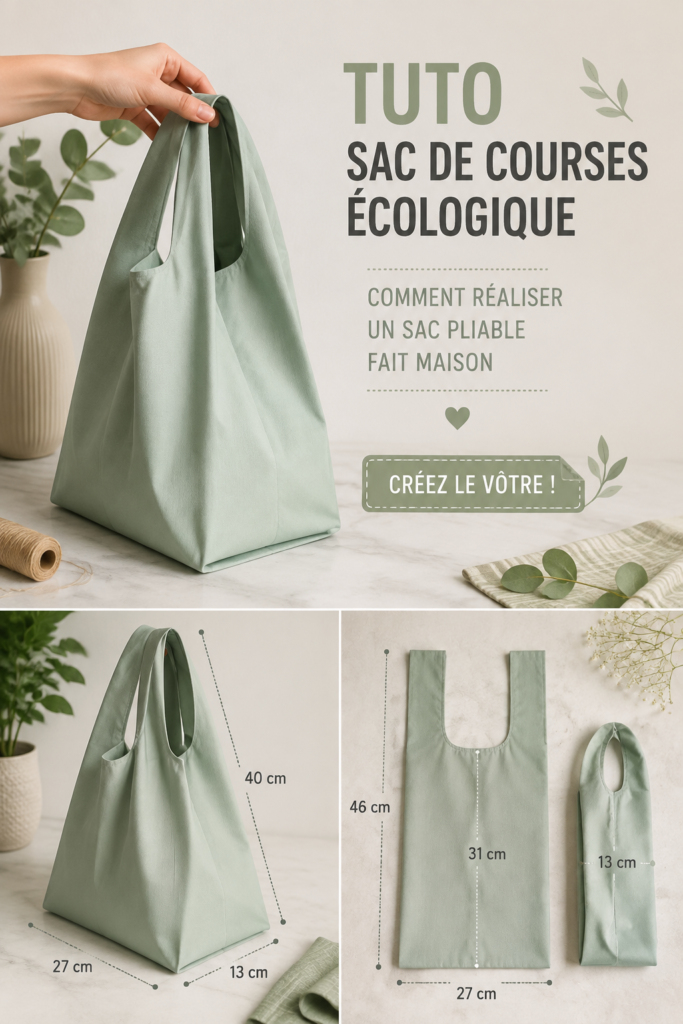 Un sac de courses pliable en tissu coloré sur une table de cuisine.