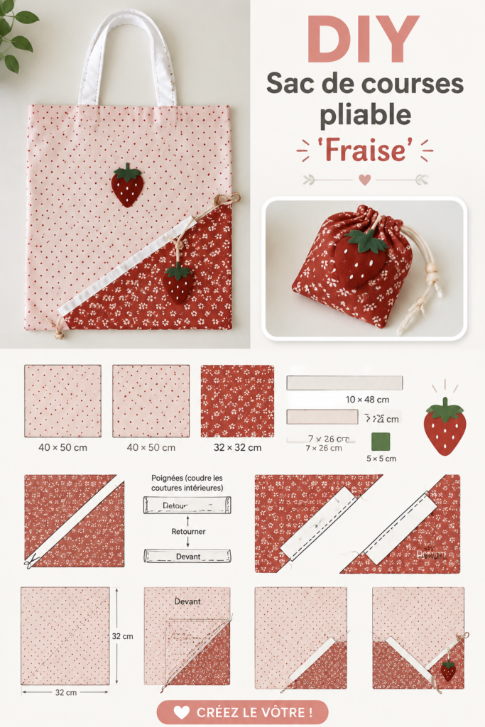 Sac de courses pliable 'Fraise' présenté sur une table