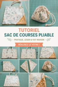 Sac de courses pliable en tissu coloré, posé sur une table avec des courses à côté.