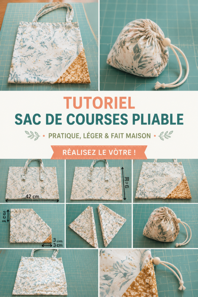 Sac de courses pliable en tissu coloré, posé sur une table avec des courses à côté.