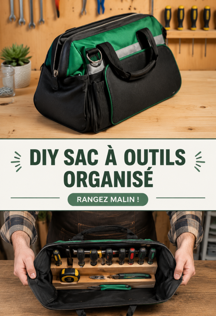 Sac à outils DIY en tissu multicolore, organisé avec des poches.