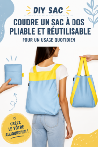 Sac à dos pliable fait maison en tissu coloré sur une table.