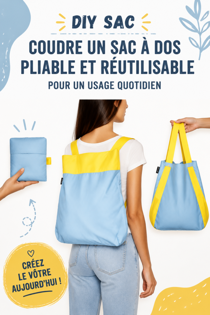 Sac à dos pliable fait maison en tissu coloré sur une table.