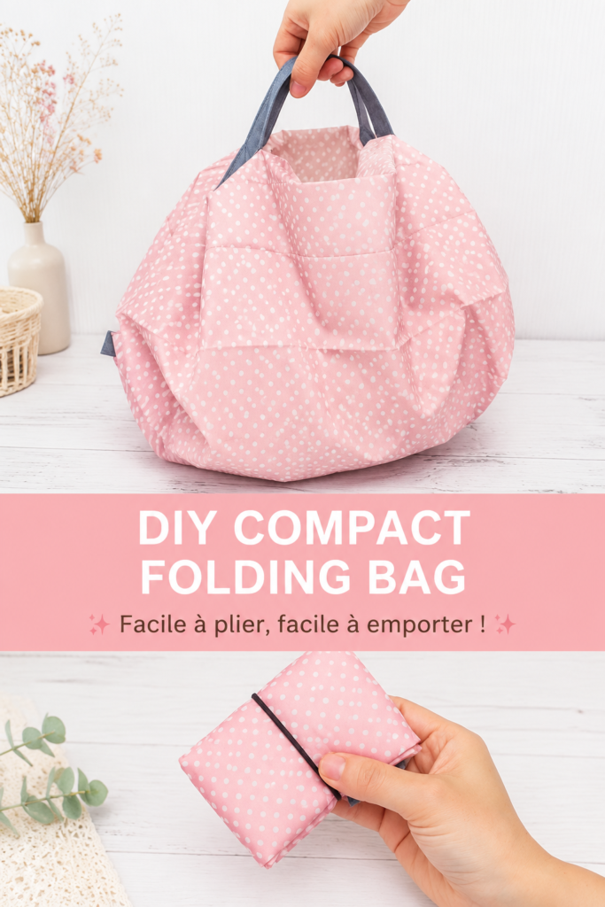 Sac pliant compact et coloré sur une table en bois, prêt à être utilisé.