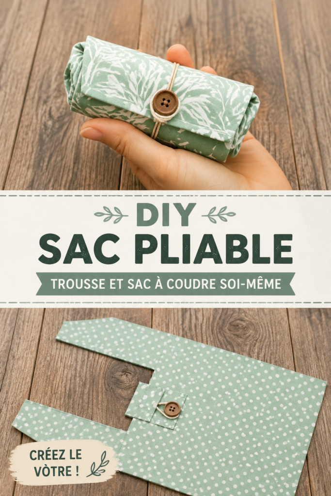 Sac en tissu pliable fait maison sur une table en bois, prêt à être utilisé pour des courses.