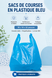 Sacs de courses en plastique bleus, prêts à être utilisés pour shopping.