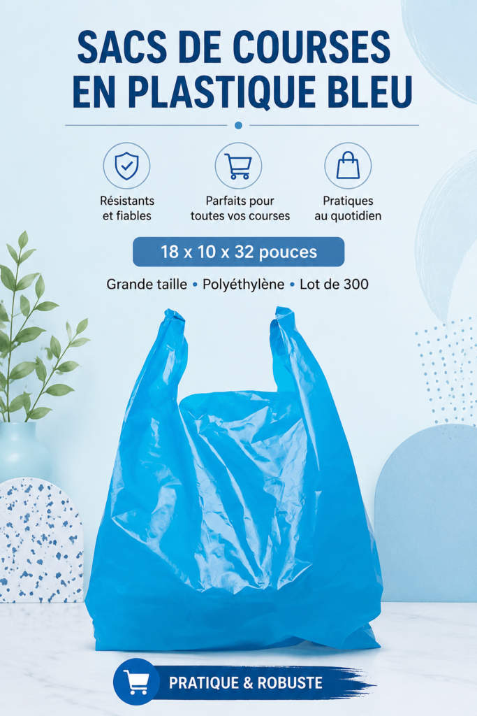 Sacs de courses en plastique bleus, prêts à être utilisés pour shopping.