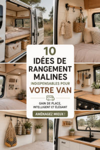 Intérieur d'un van aménagé avec solutions de rangement intelligentes.