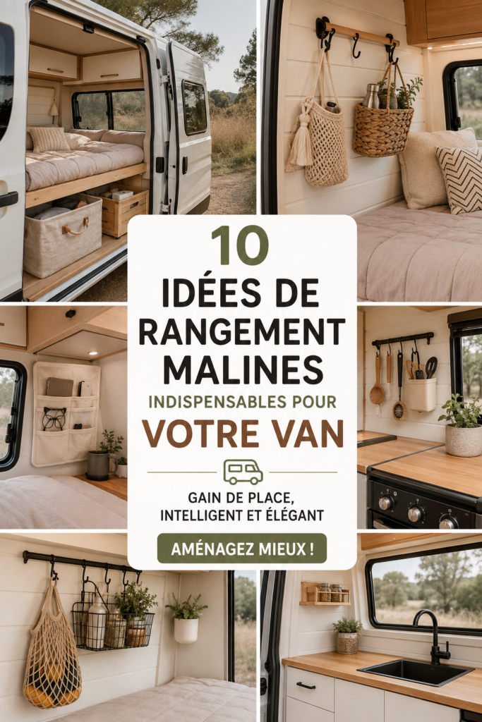 Intérieur d'un van aménagé avec solutions de rangement intelligentes.