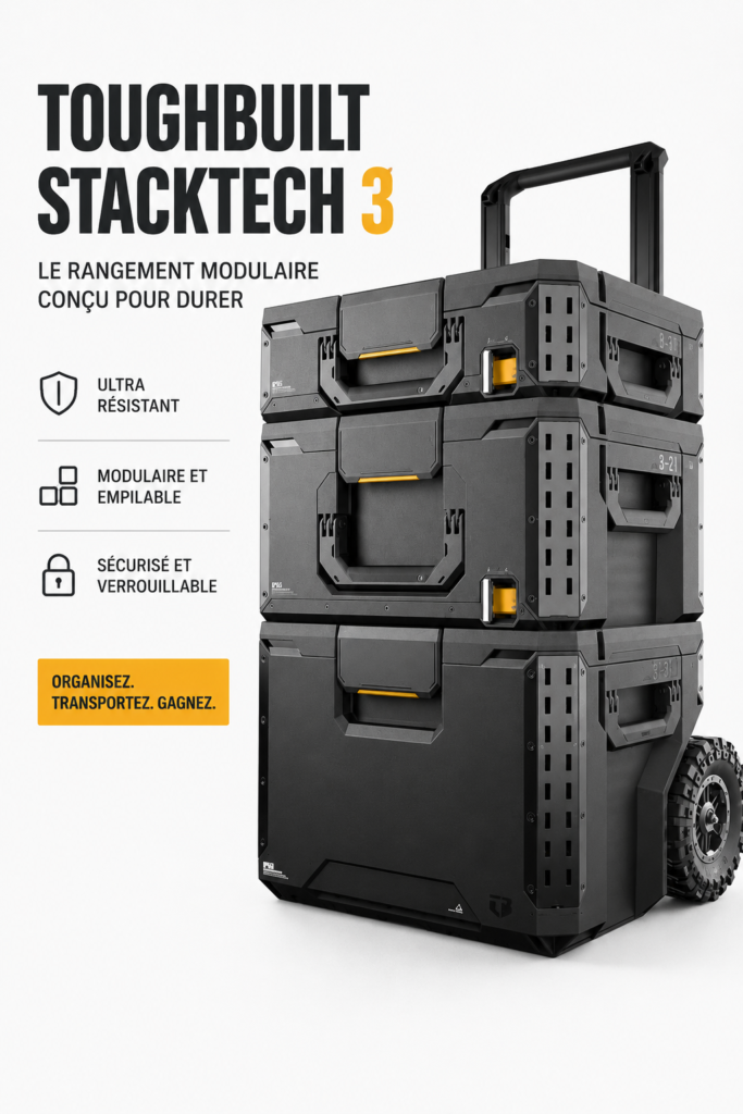 Système de rangement modulable ToughBuilt StackTech dans un garage bien organisé.