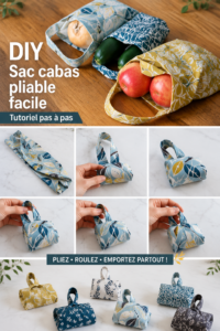 Un tote bag pliable coloré sur une table avec des fournitures de couture
