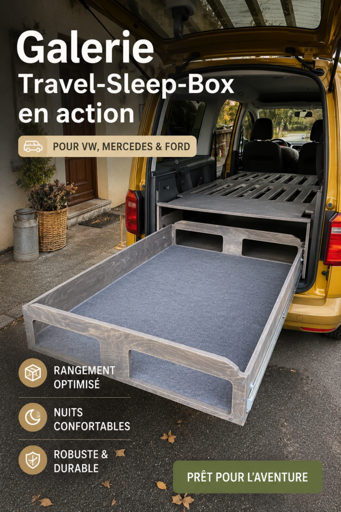 Une Travel-Sleep-Box bien organisée dans un véhicule