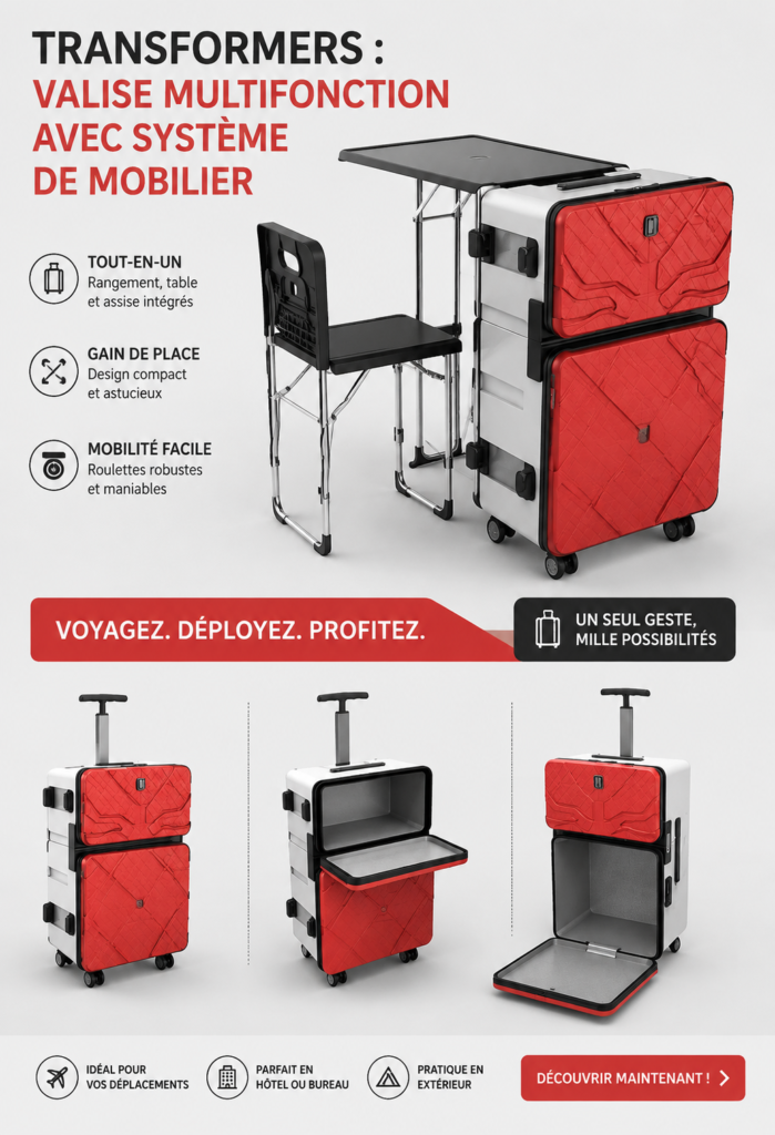 Valise multifonctionnelle transformée en meuble pratique dans un salon