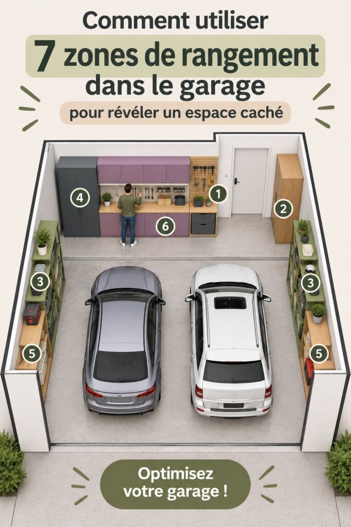 Garage bien organisé avec des zones de rangement bien définies et accessibles