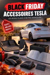 Un assortiment d'accessoires Tesla élégants et pratiques exposés pour le Black Friday.
