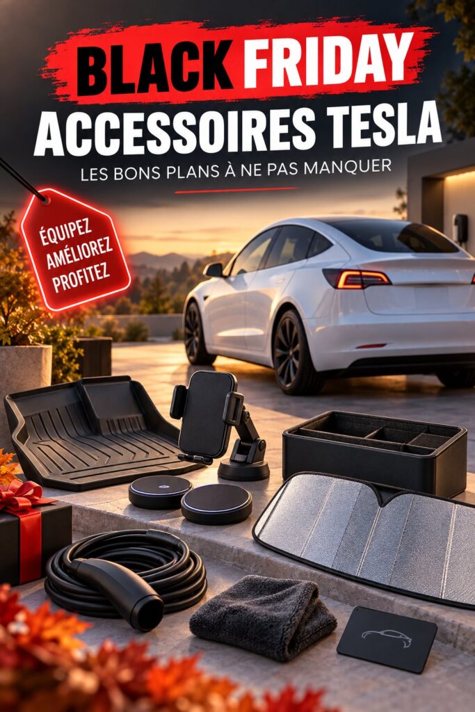 Un assortiment d'accessoires Tesla élégants et pratiques exposés pour le Black Friday.