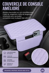Couvre-console de voiture en cuir, avec poches de rangement, couleur violet.