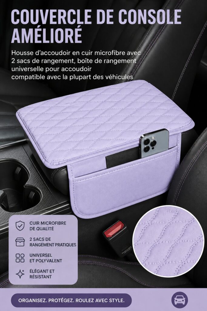 Couvre-console de voiture en cuir, avec poches de rangement, couleur violet.