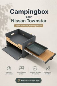 Aménagement pratique d'un véhicule Nissan Townstar pour le camping, avec rangement et accessoires