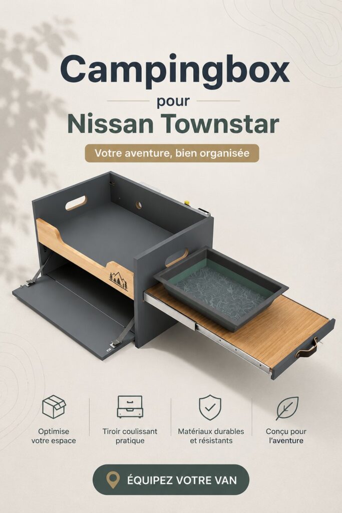 Aménagement pratique d'un véhicule Nissan Townstar pour le camping, avec rangement et accessoires