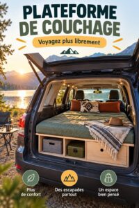 Subaru Forester aménagé pour le camping, avec espace de rangement bien organisé.