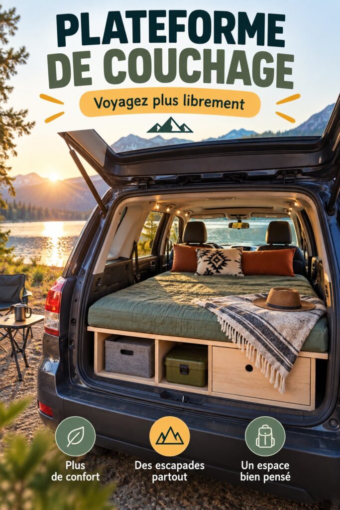 Subaru Forester aménagé pour le camping, avec espace de rangement bien organisé.