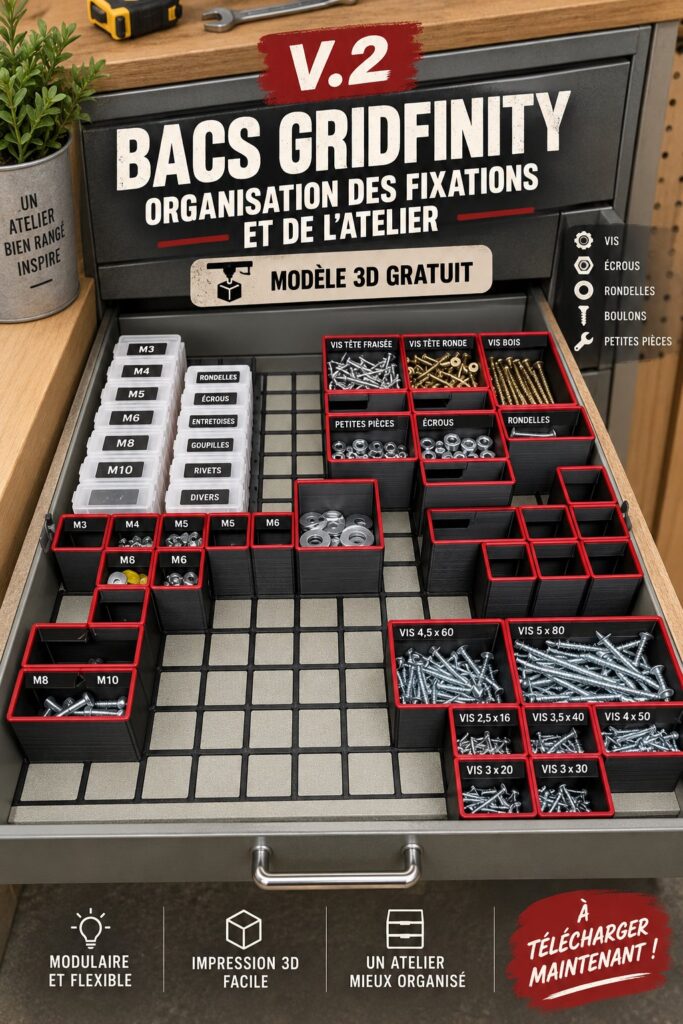 Un garage bien organisé avec des bacs Gridfinity colorés