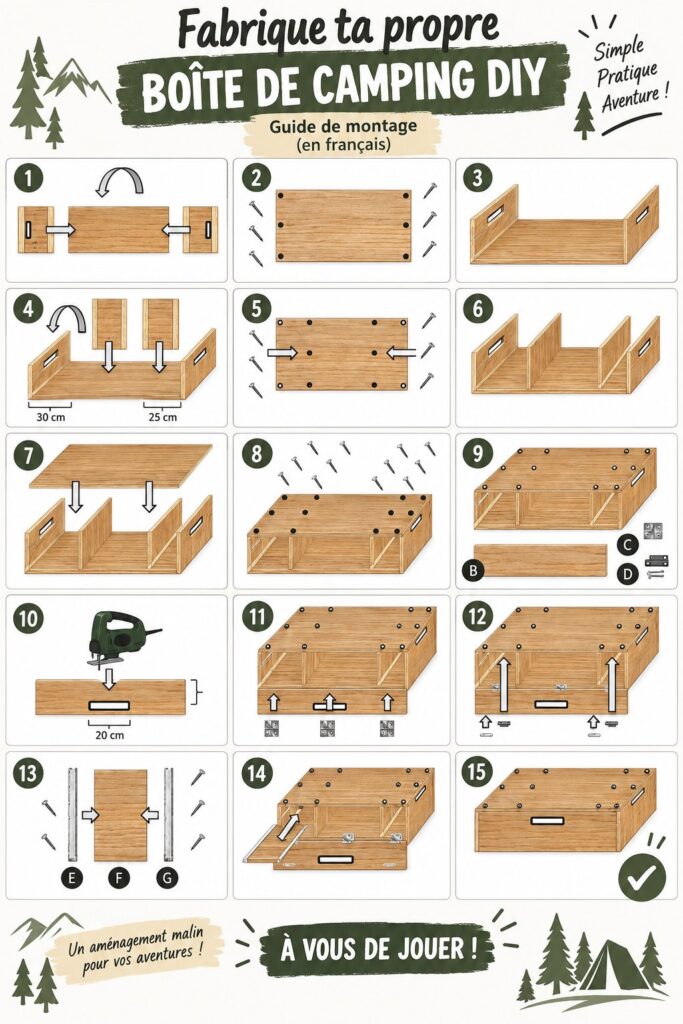 Boîte de camping DIY avec divers matériaux et accessoires bien organisés.