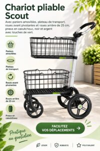 Chariot pliable en noir et argent avec paniers amovibles.